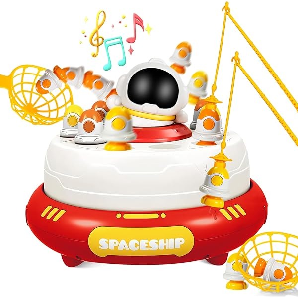 Fidtoy Lanceur de roquettes 2 en 1 avec pêche magnétique et plateau tournant, jeu de capture de roquettes sur le thème de l'espace en plastique avec pêche magnétique, jouet de coordination œil-main pour les 3 ans et plus