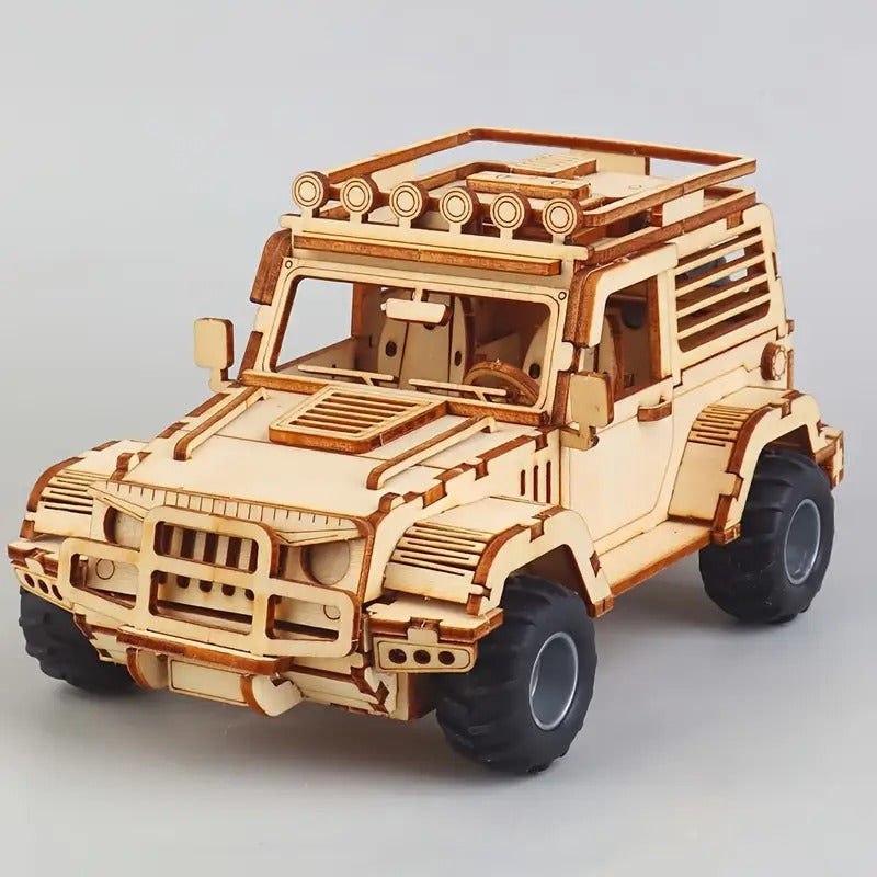 Fidtoy 3D Wooden Mechanical Jeep Pull Back Puzzle 125 Pieces, Wooden SUV Model Building Kit for Teens Adults Beginners Ages 14+