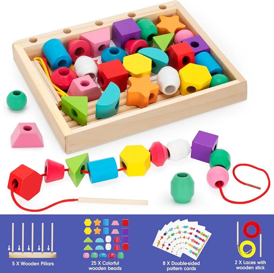 Kit d'enfilage de perles en bois avec cinq ensembles de colonnes de formes - 514