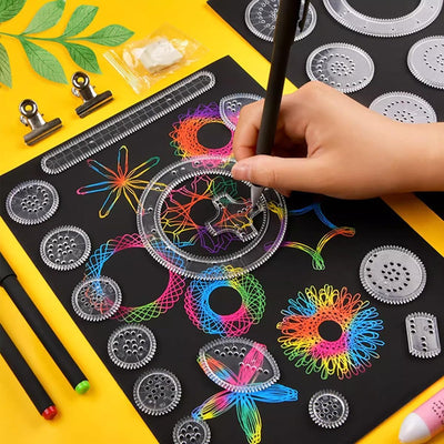 Fidtoy Spiral Art Gear Geometric Drawing Pattern Set for Kids Ages 3-8, 22-Piece Plastic Spirograph Style Ruler Art Kit with Gears, Pens and Drawing Paper