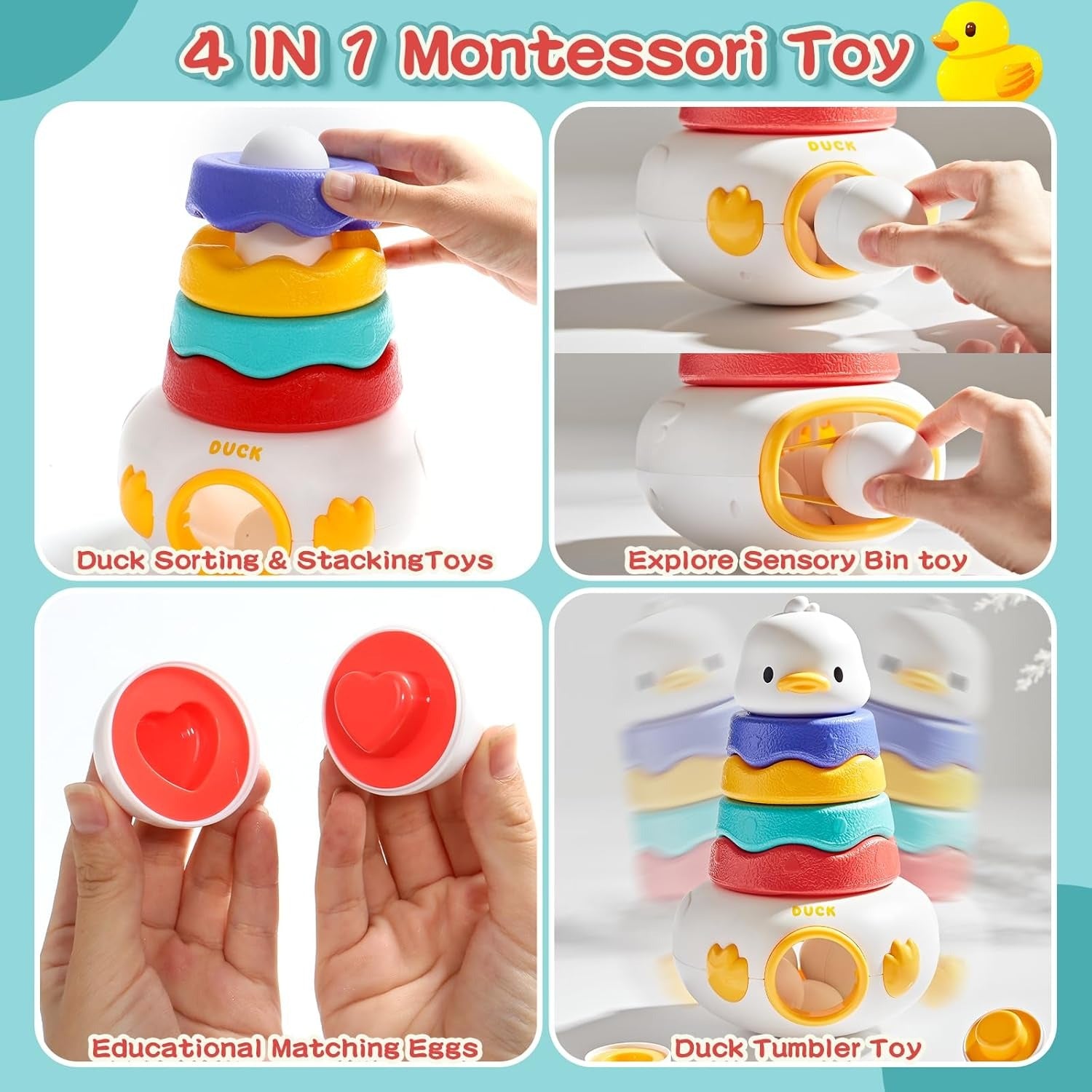 Fidtoy 2in1 Duck Tumbler Stacker and Egg Pairing Toy, Plastic Duck Stacking Blocks with 6 Egg Matching Pieces, Fine Motor Sensory Learning Toy Ages 12+ Months