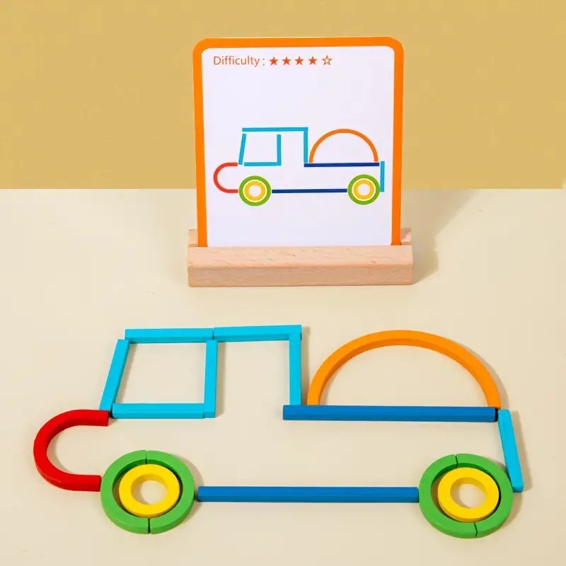 Fidtoy Wooden Sticks and Rings Pattern Matching Puzzle Cards Montessori Fine Motor Memory Toy for Kids Ages 3 to 8