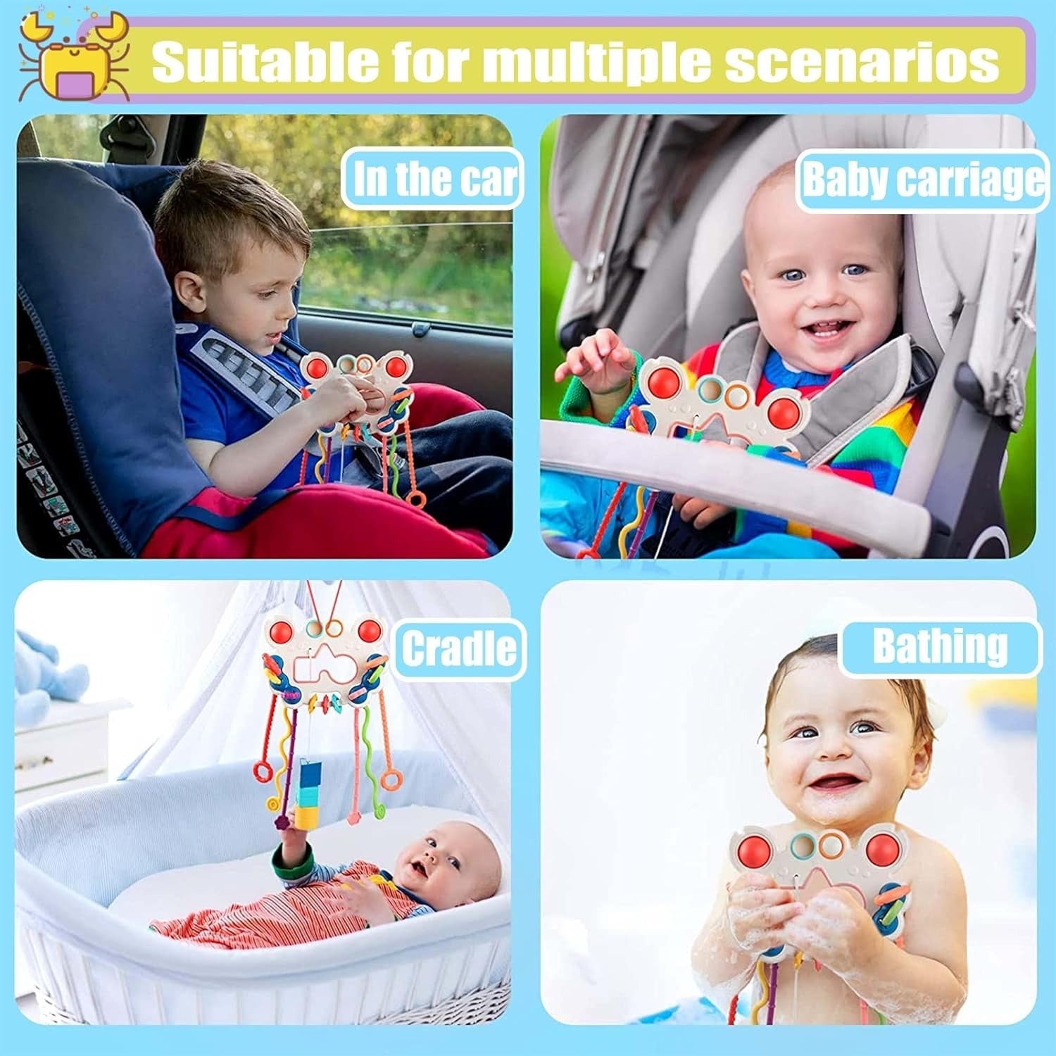 Fidtoy 5-in-1 Pull String Motor Skills and Sensory Activity Toy for Babies, Crab-Shaped Silicone Pull Toy with Press Buttons, Textures, Fine Motor and Travel Play Age 0–2