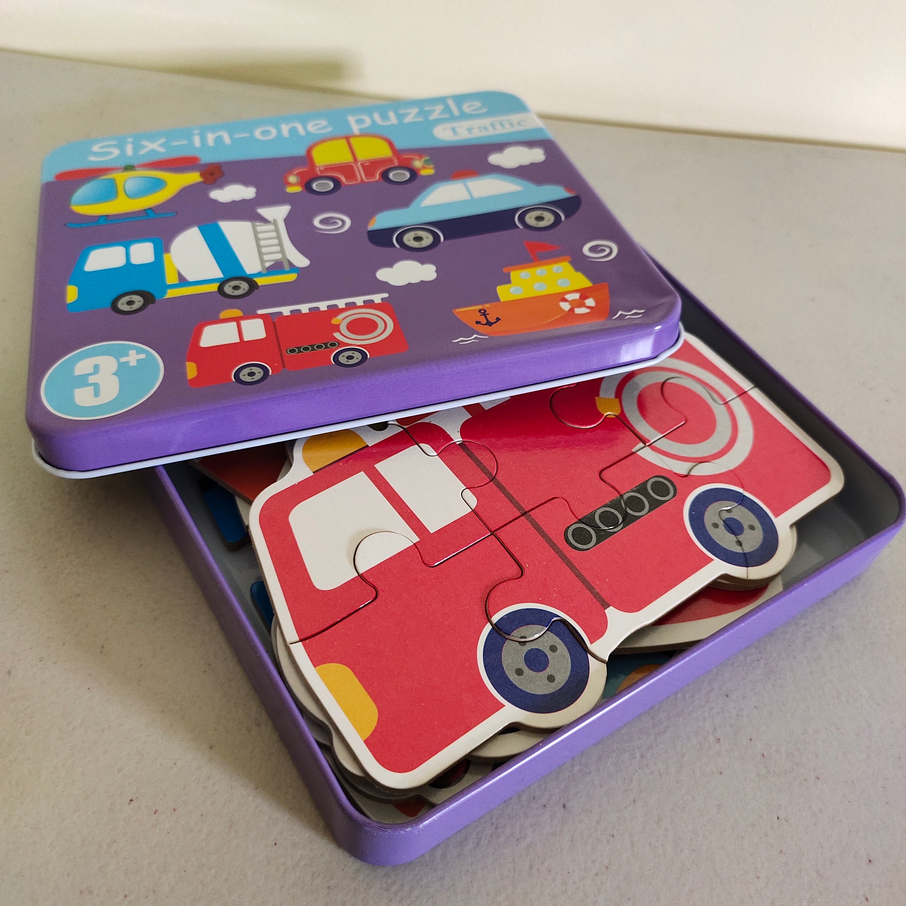 Fidtoy 6-in-1 Jigsaw Puzzle with Number Transport Tin Box for Kids, Transport Theme Number Recognition Puzzle Set, Progressive Toddler Learning Puzzle Age 2–6