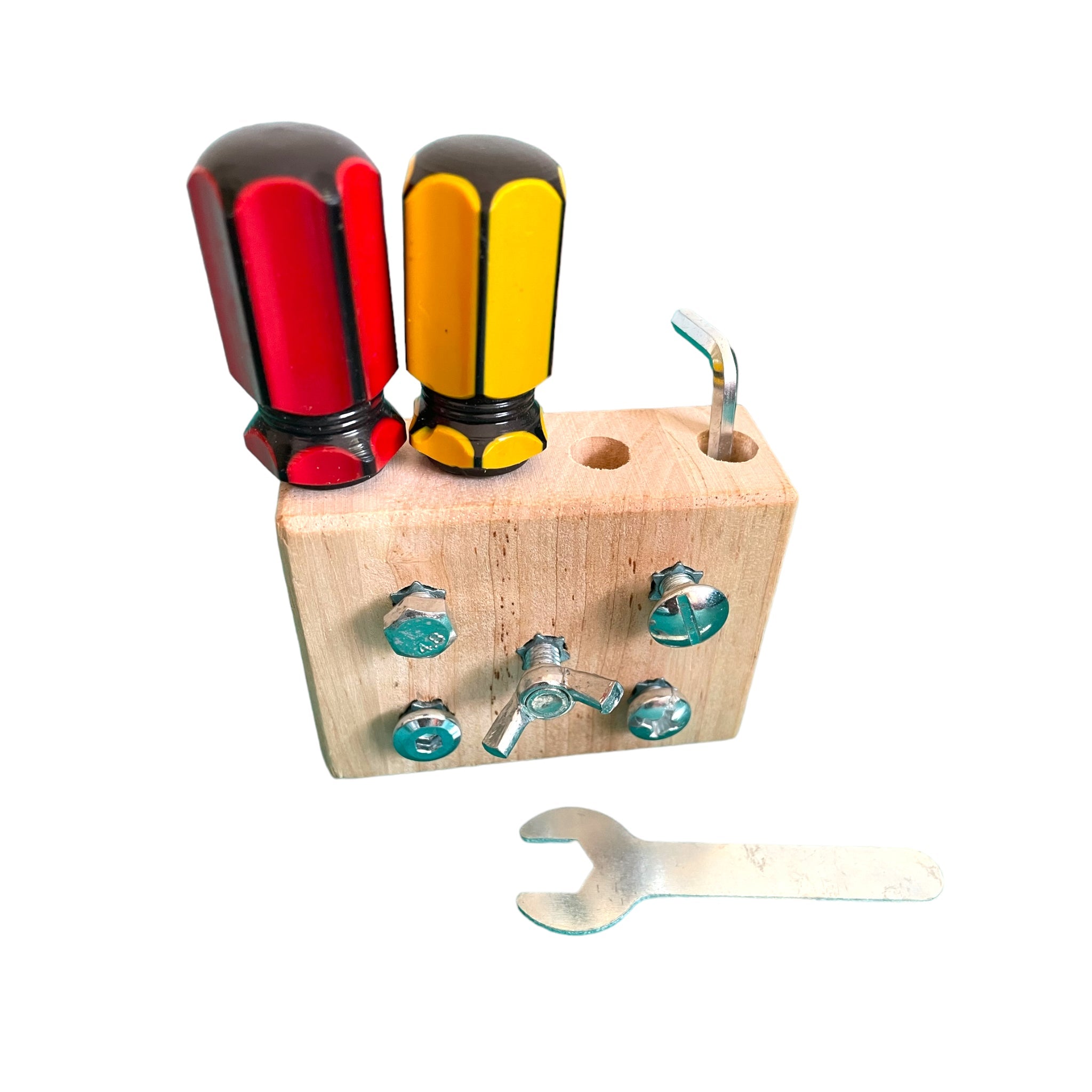 Mini tablero ocupado Montessori deluxe con juego de destornilladores, tornillos y tuercas, engranajes, pestillos y cerradura