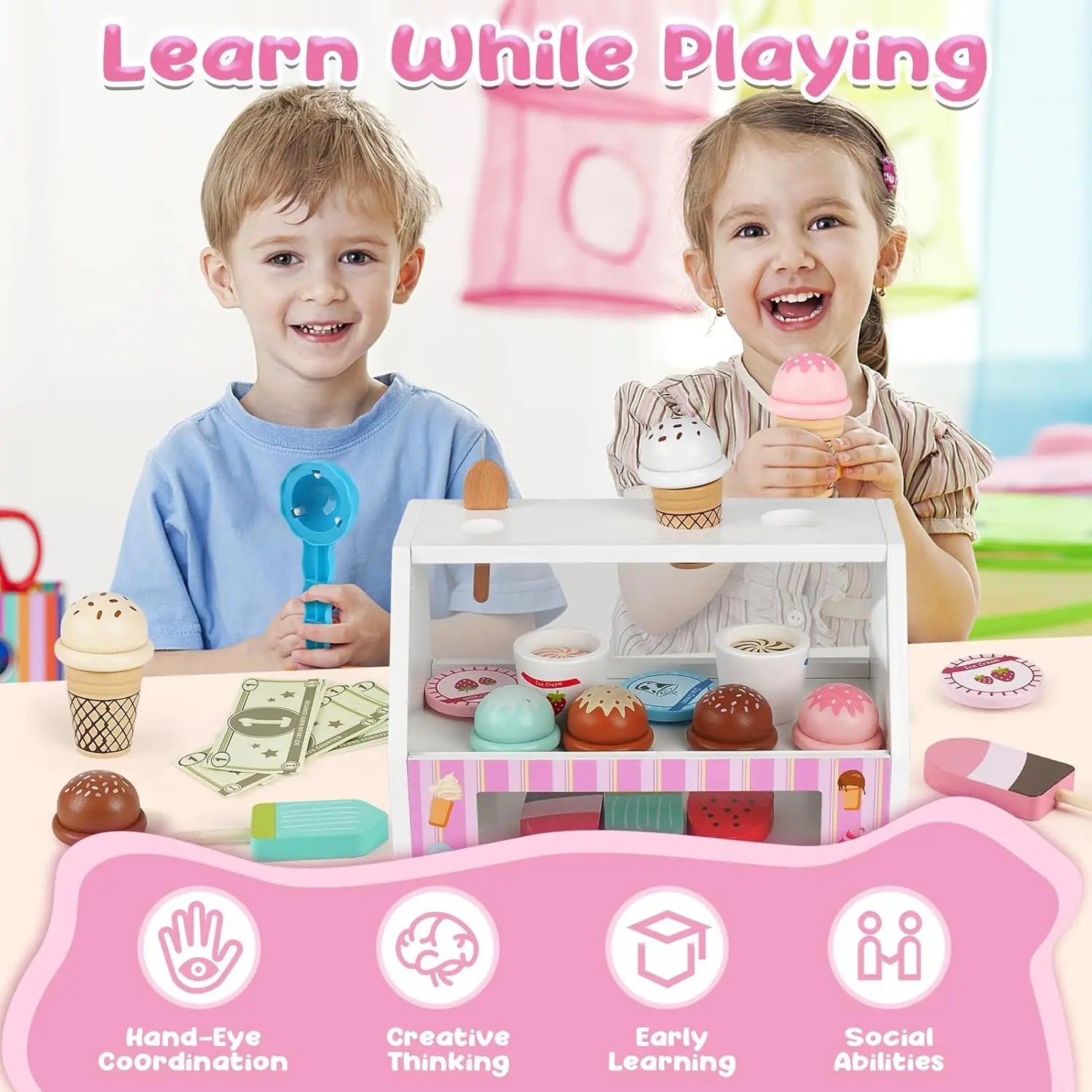 Set de helados de madera de 38 piezas para niños pequeños