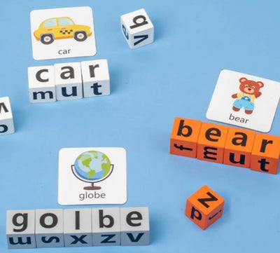 Jeu de blocs d'orthographe en bois Fidtoy avec buzzer, jeu de correspondance de lettres et de construction de mots pour 2 à 4 joueurs de 3 à 8 ans
