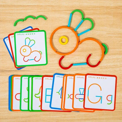 Fidtoy Wooden Sticks and Rings Pattern Matching Puzzle Cards Montessori Fine Motor Memory Toy for Kids Ages 3 to 8