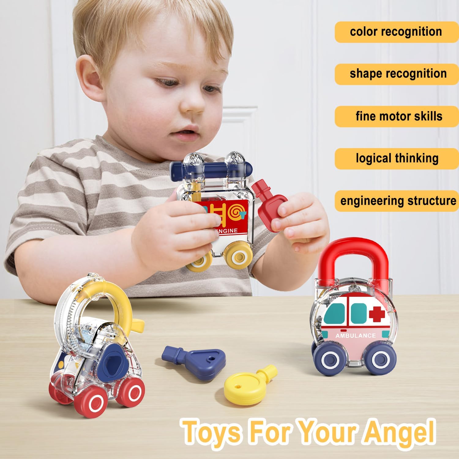 Fidtoy Transparent Transport and Shape Recognition Lock and Key Set 3 Pieces | Plastic Vehicle Unlocking Toy, Color Matching Cars, Fine Motor Skills, Shape Recognition & Pretend Rescue Play Age 3+