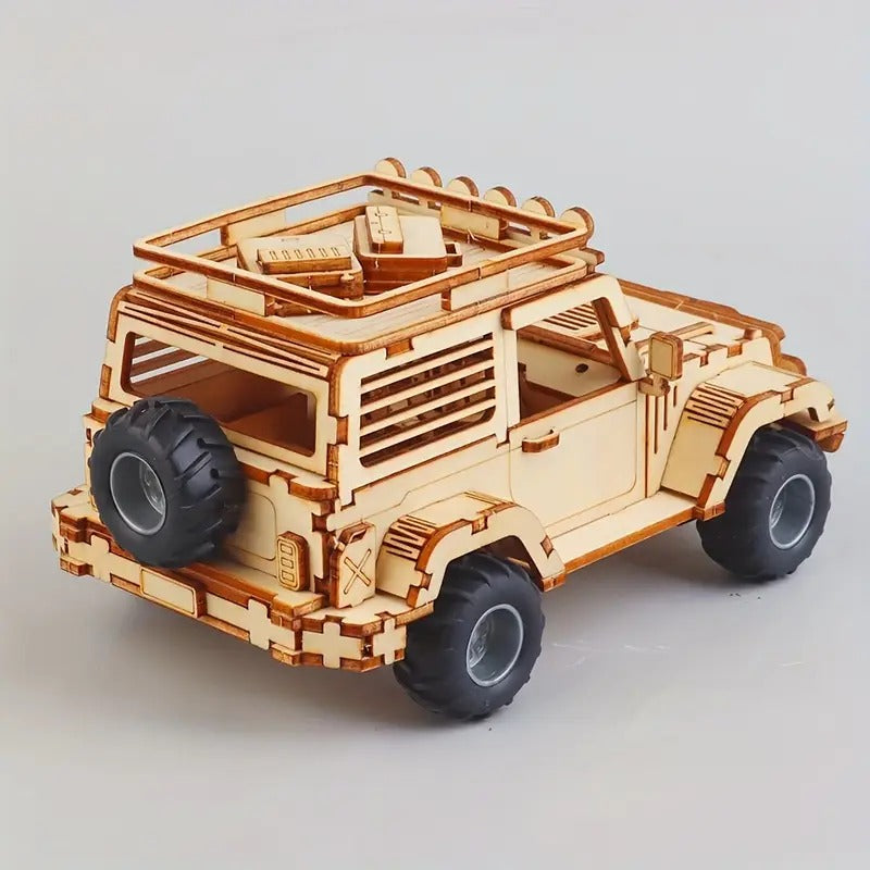 Fidtoy 3D Wooden Mechanical Jeep Pull Back Puzzle 125 Pieces, Wooden SUV Model Building Kit for Teens Adults Beginners Ages 14+