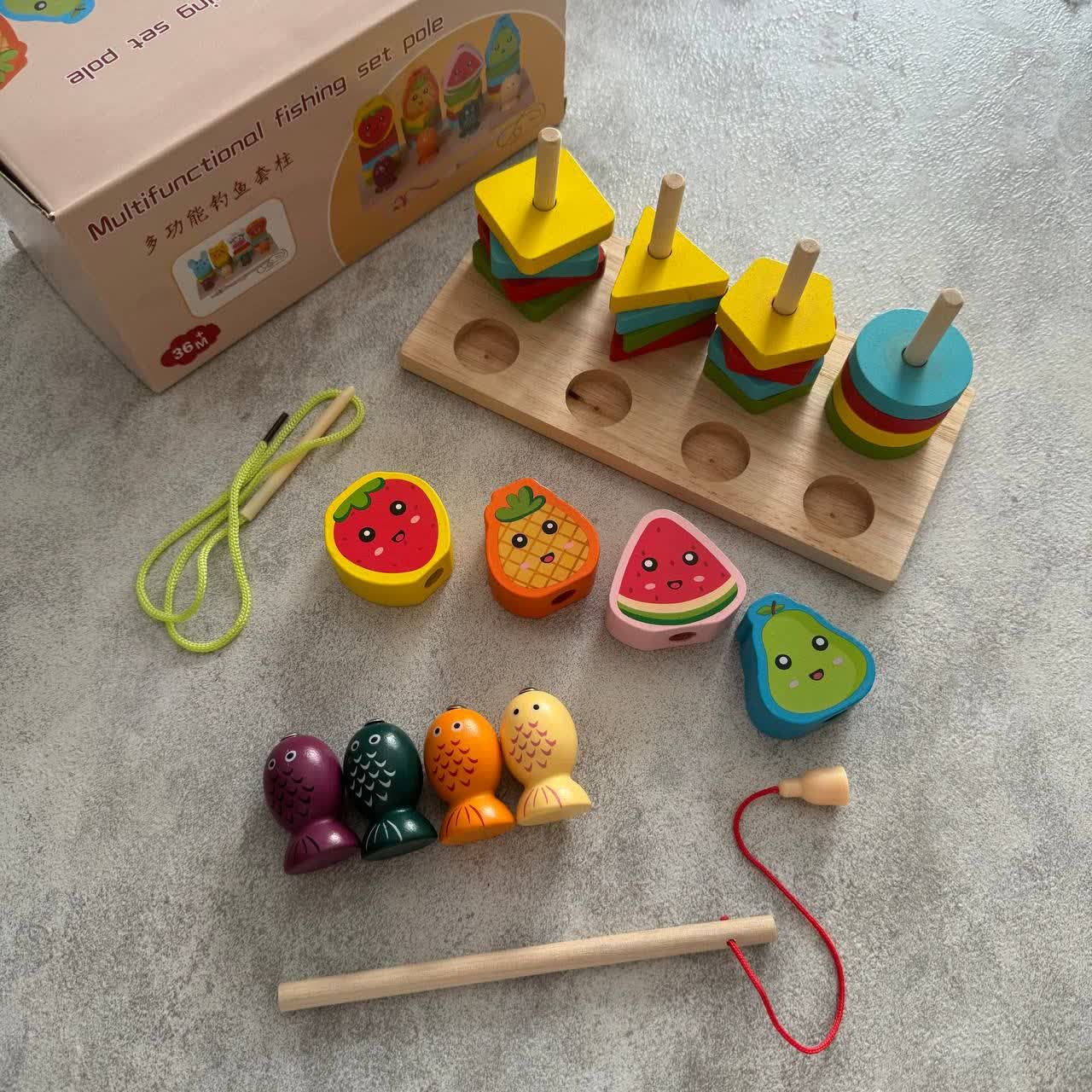 Fidtoy 3-in-1 Multifunctional Shape Lacing Fruits and Fish Catch Activity, Wooden Magnetic Fishing Shape Sorting Toy for Toddlers Ages 2-6, Fine Motor Color Matching and Stacking Learning Toy