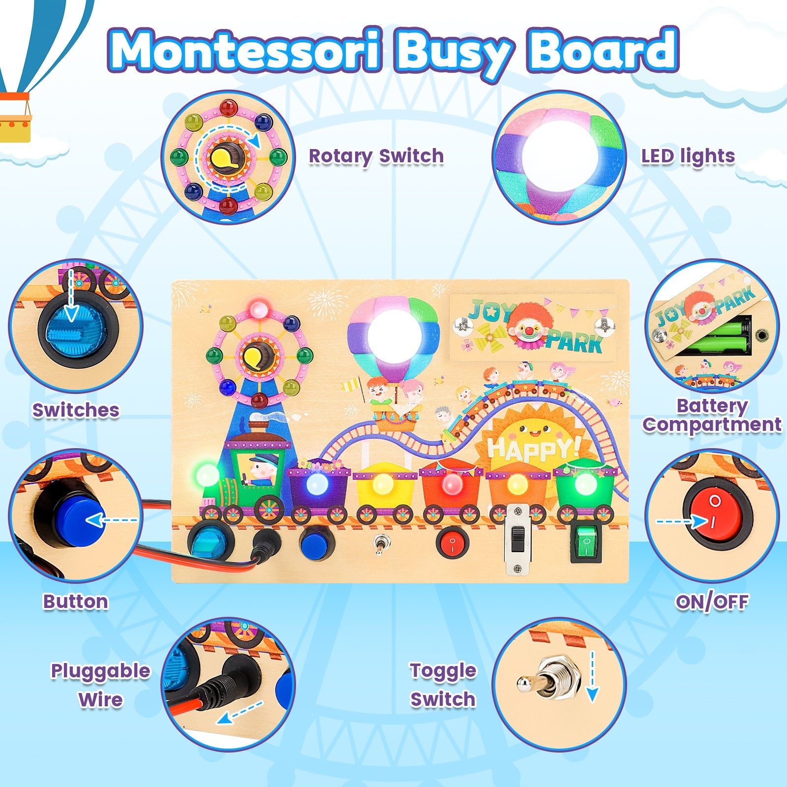 Fidtoy Montessori Wooden Busy Board -Light-Up Sensory Activity Toy for Toddlers, Fine Motor Skills Learning Toy for Ages 1-4, Travel-Friendly Fidget Board for Boys & Girls
