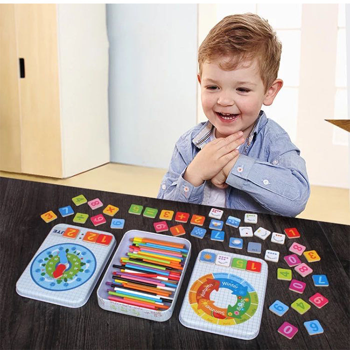 Juguetes Montessori de madera 4 en 1 para niños pequeños - Palos de conteo matemático Números magnéticos