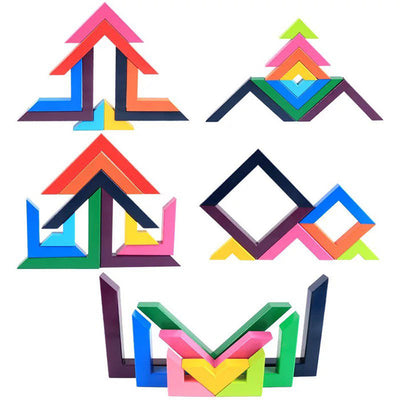 12 bloques de arcoíris de madera de colores con ángulos - Juguetes de construcción libre