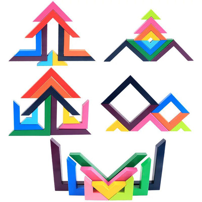 12 bloques de arcoíris de madera de colores con ángulos - Juguetes de construcción libre