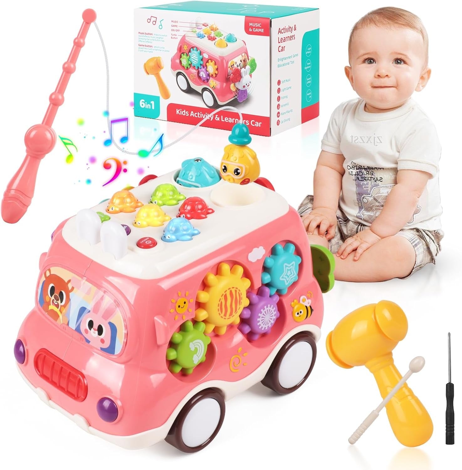 Fidtoy 6-in-1 Multiple Activity and Learners Car for Toddlers, Musical Activity Bus Toy with Xylophone, Gears, Fishing Game and Music Mode Age 18M+