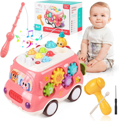Fidtoy 6-in-1 Multiple Activity and Learners Car for Toddlers, Musical Activity Bus Toy with Xylophone, Gears, Fishing Game and Music Mode Age 18M+