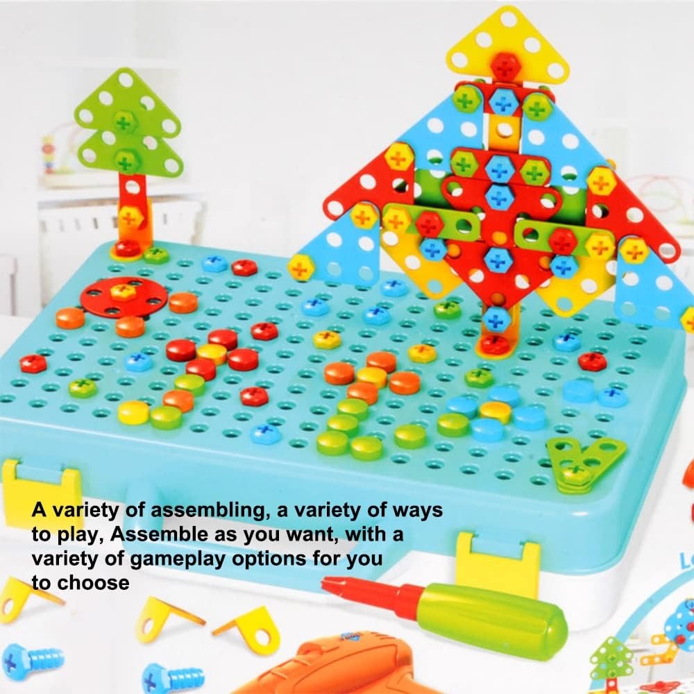Fidtoy Creative Electric Drill Mosaic Pattern Puzzle Tool Kit for Kids 252PCS STEM Construction Building Toy with Electric Drill & Colorful Screws Ages 4-8