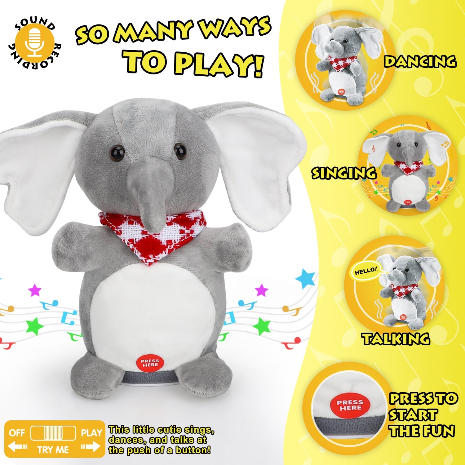 Fidtoy Dancing Elephant Talkback Plush Toy for Babies and Toddlers