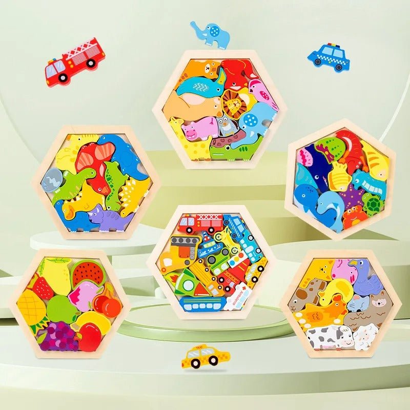 Rompecabezas hexagonal 3D de madera colorida con animales, frutas, vehículos y dinosaurios