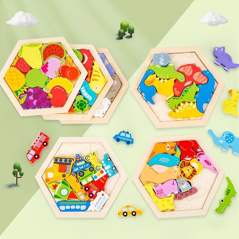 Rompecabezas hexagonal 3D de madera colorida con animales, frutas, vehículos y dinosaurios