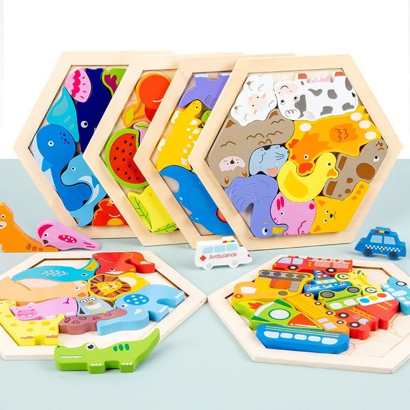 Rompecabezas hexagonal 3D de madera colorida con animales, frutas, vehículos y dinosaurios