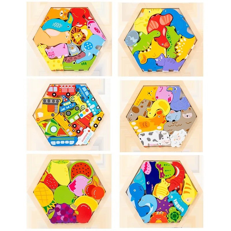 Rompecabezas hexagonal 3D de madera colorida con animales, frutas, vehículos y dinosaurios