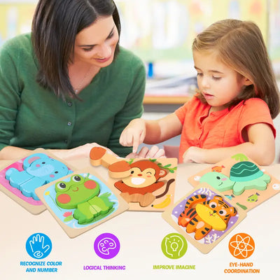 MiniMind™ Juego de rompecabezas de madera gruesa - Juguetes de aprendizaje Montessori para niños pequeños