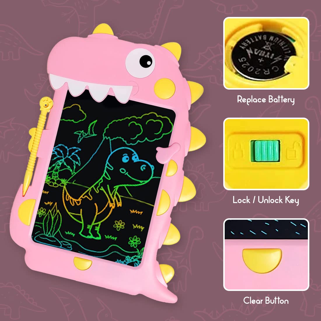 Tableta de escritura de dinosaurios multicolor para niños de 8.5 pulgadas - Color aleatorio