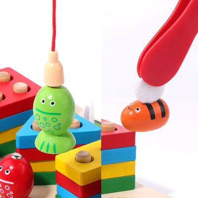 Fidtoy 3 en 1 Kit d'Activités Abeilles et Pêche Magnétique Formes à Colonnes, Jouet en Bois de Tri des Formes et de Développement de la Motricité Fine pour les Enfants de 2 à 6 Ans