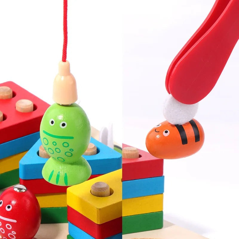 Fidtoy 3 en 1 Kit d'Activités Abeilles et Pêche Magnétique Formes à Colonnes, Jouet en Bois de Tri des Formes et de Développement de la Motricité Fine pour les Enfants de 2 à 6 Ans