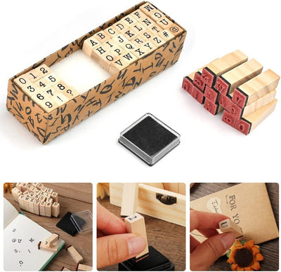 Tampon en Bois Chiffres et Lettres avec Tampon Encreur – 40 Pièces