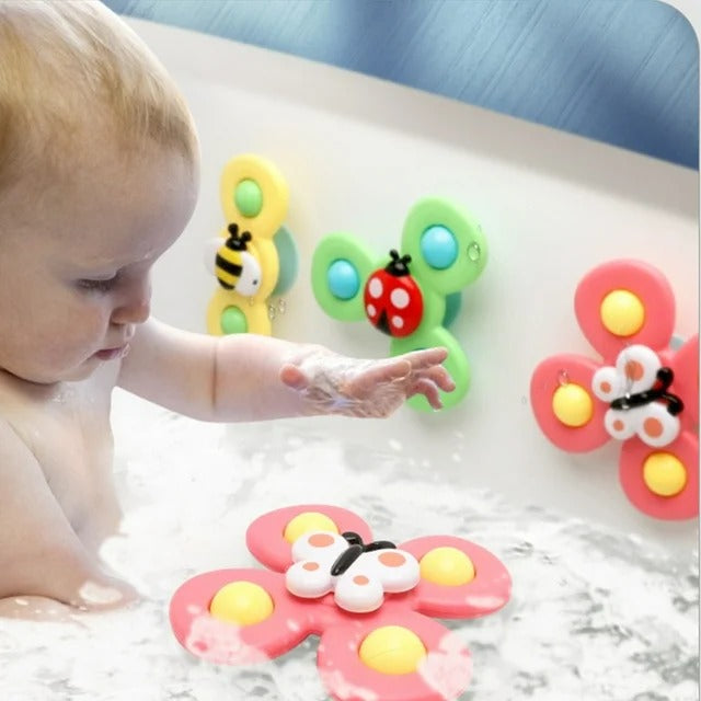 Fidtoy Suction Cup Activity Spinner Toy 3 Pieces for Babies 0-2, Colorful Insect Sensory Spinner Toys with Suction Cup Base, Plastic Round Tabletop Bath Travel Toy