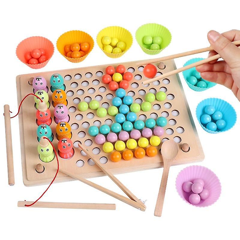Fidtoy Jouet en bois magnétique de pêche 3 en 1 avec support de perles colorées, jouet de tri de perles en bois avec cartes de motifs, jouet d'apprentissage préscolaire pour la motricité fine, à partir de 3 ans