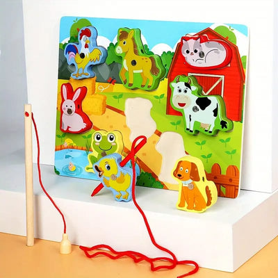 Fidtoy 3D Magnetic Lacing Colorful Puzzle - Random Design, Wooden Magnetic Fishing and Lacing Puzzle, Fine Motor Color Matching Early Learning Toy Ages 2-6