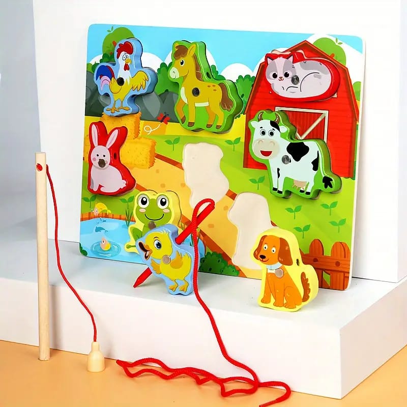 Fidtoy 3D Magnetic Lacing Colorful Puzzle - Random Design, Wooden Magnetic Fishing and Lacing Puzzle, Fine Motor Color Matching Early Learning Toy Ages 2-6