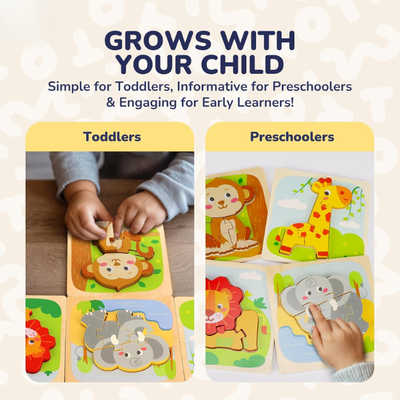 MiniMind™ Juego de rompecabezas de madera gruesa - Juguetes de aprendizaje Montessori para niños pequeños