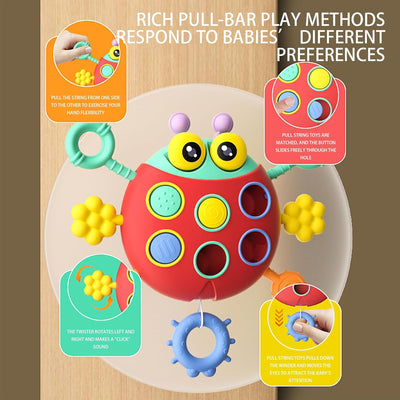 Fidtoy Cute Colorful Ladybug String Pull Sensory Rattle for Babies 6+ Months Montessori Pull String Teething Toy