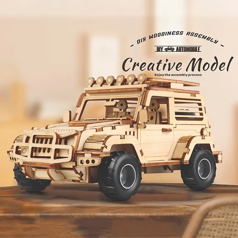 Fidtoy 3D Wooden Mechanical Jeep Pull Back Puzzle 125 Pieces, Wooden SUV Model Building Kit for Teens Adults Beginners Ages 14+