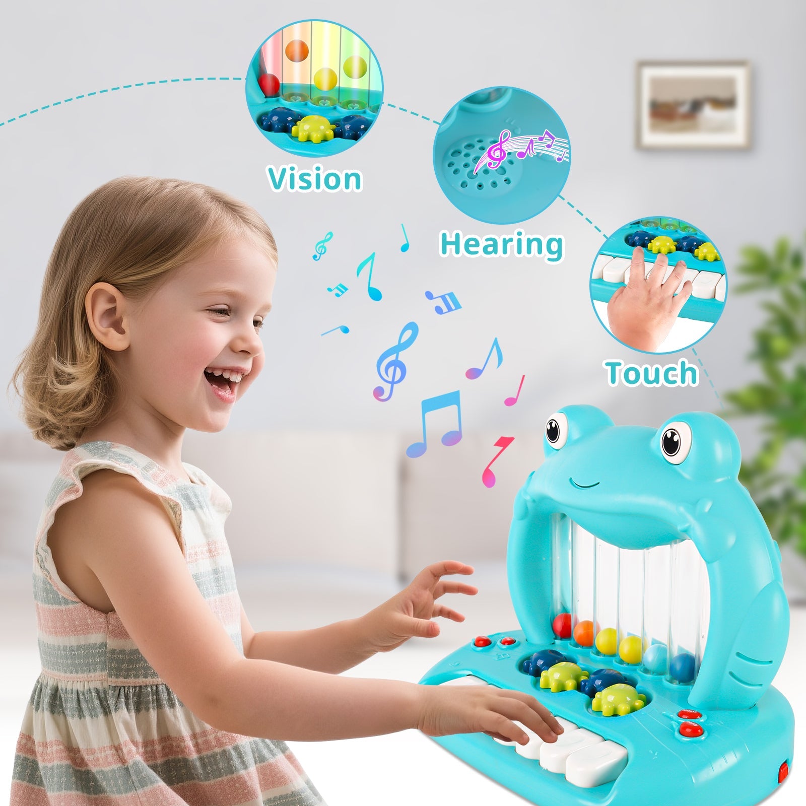 Juguete de piano de rana con bolas sopladoras para niños pequeños, teclado musical educativo con luces y sonidos, juguete de desarrollo de aprendizaje temprano con bolas de colores y teclas de piano para niños y niñas de más de 18 meses