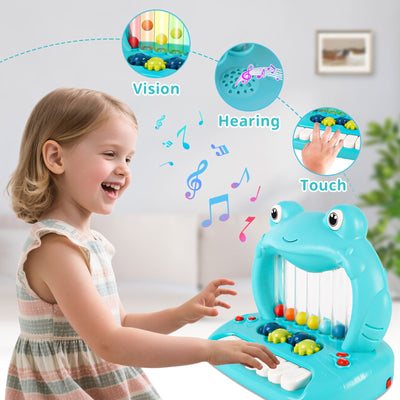 Juguete de piano de rana con bolas sopladoras para niños pequeños, teclado musical educativo con luces y sonidos, juguete de desarrollo de aprendizaje temprano con bolas de colores y teclas de piano para niños y niñas de más de 18 meses