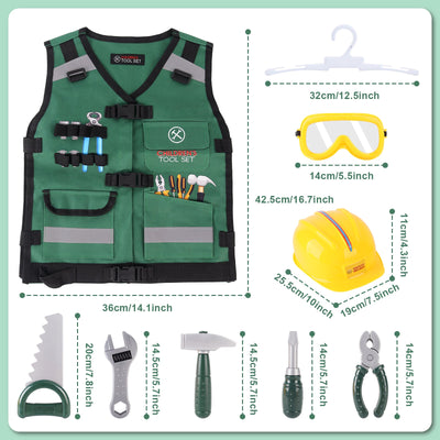 Ensemble de déguisement de construction pour jeu de rôle – Gilet de constructeur réaliste, casque de sécurité, outils et accessoires de jouet – Kit de jeu de simulation STEM pour garçons et filles de 3 ans et plus – Cadeau déguisement