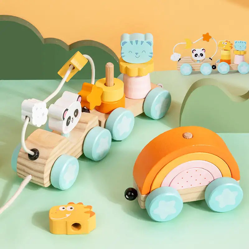 Tren de arrastre de madera Montessori para niños pequeños – Juguete educativo de aprendizaje
