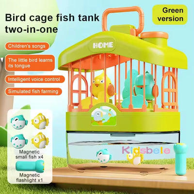 Fidtoy 2in1 Fun Talking Bird Cage and Magnetic Fish Plastic Talking Bird Cage Aquarium Toy with Voice Sensing, Music, Lights and Magnetic Fish Game Ages 2+