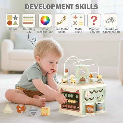 Fidtoy Cubo de actividades de madera 11 en 1, juguete Montessori para el centro de aprendizaje de niños pequeños de 1 a 4 años