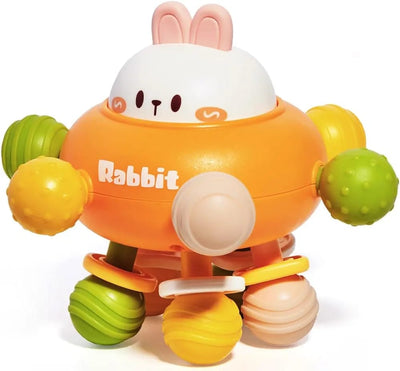 Fidtoy 3-in-1 Silicone Baby Teether Hand Grip Sensory Toy, Rabbit Rattle Teething Toy for 6+ Month Babies, Textured Chew Toy for Travel, Stroller Play and Early Sensory Development