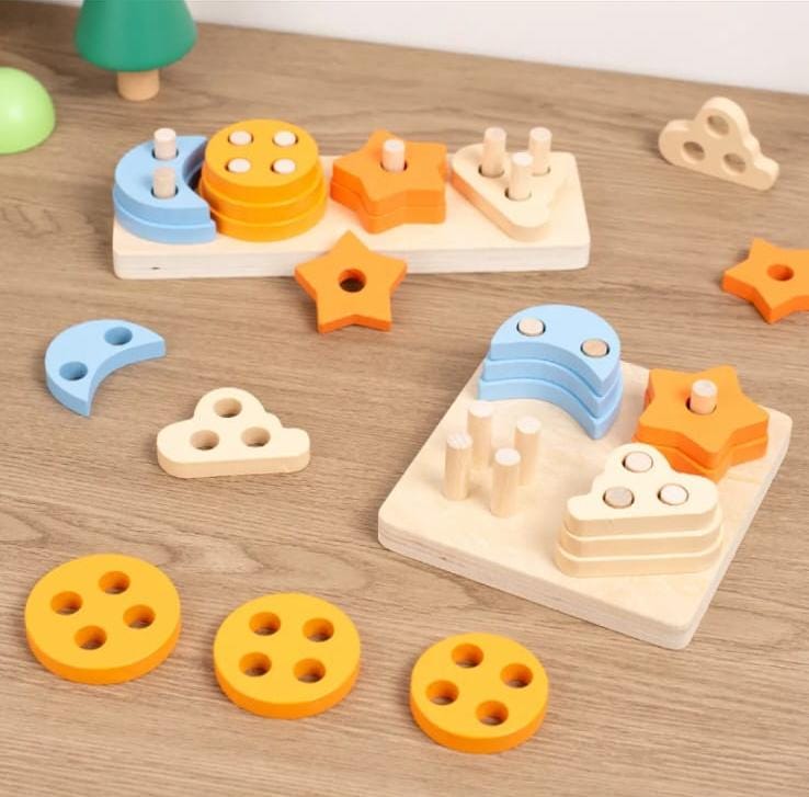 Fidtoy Colonne de Tri en Bois Étoile et Croissant Montessori Jouet d'Empilage Trieur de Formes pour Tout-Petits