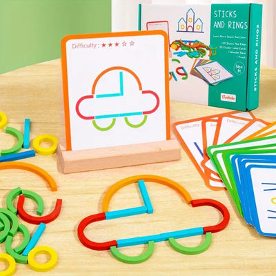 Fidtoy Wooden Sticks and Rings Pattern Matching Puzzle Cards Montessori Fine Motor Memory Toy for Kids Ages 3 to 8