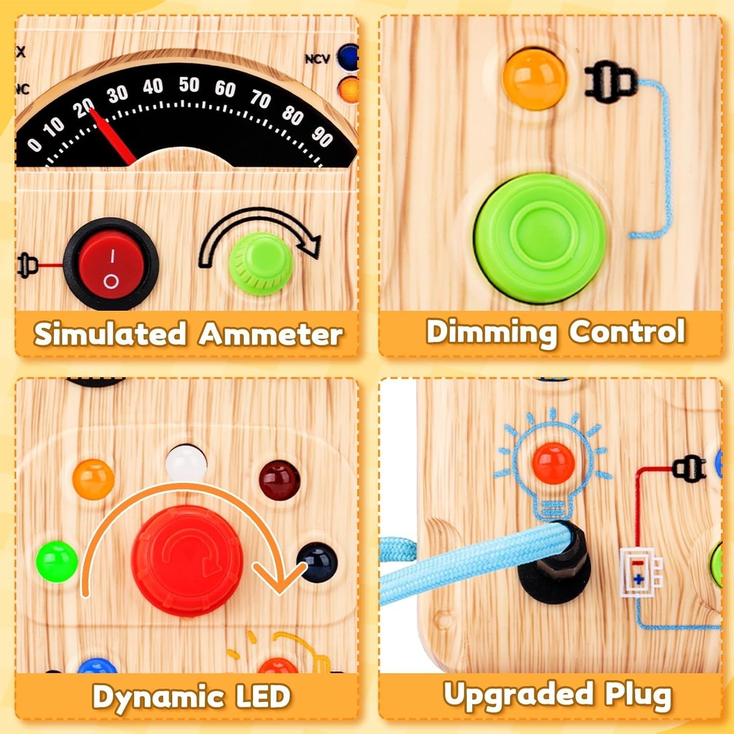 Fidtoy LED Simulated Ammeter Wooden Busy Board for Toddlers Light Switch STEM Activity Toy