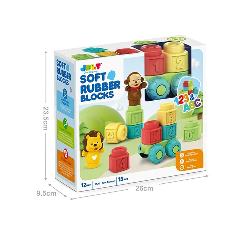 Fidtoy Soft Educational Rubber Animal Building Blocks 15 Pieces for Babies and Toddlers, Soft Gripping Stacking Blocks for Sensory Play, Shape Recognition and Fine Motor Practice Ages 0-3